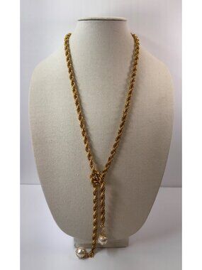 Vintage Gold Tone Rope Chain Lariat Necklace Faux Pearl Tassels 40” Long
